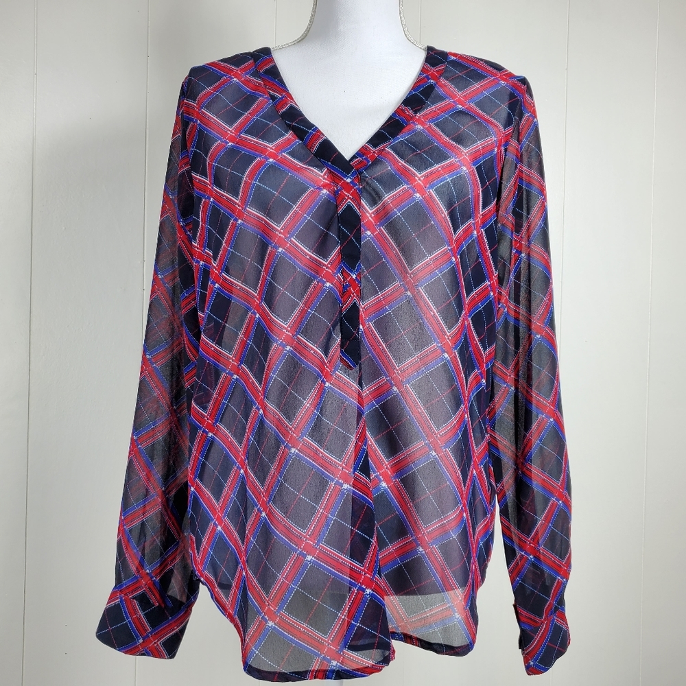Olive and Oak sheer plaid button-up shirt size large
